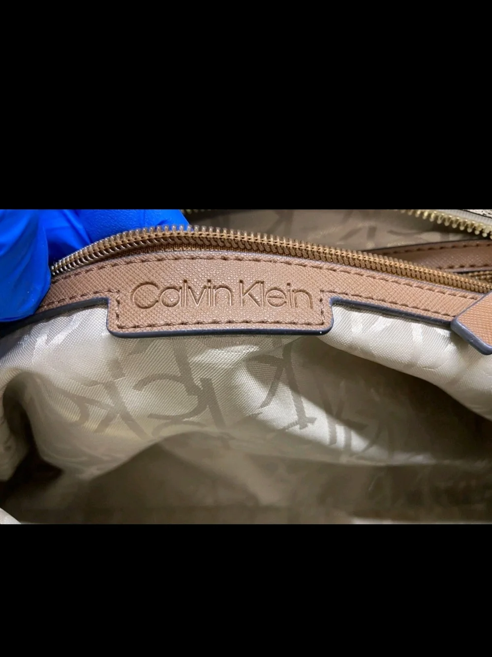 Calvin Klein Cream Monogram Satchel with Brown Straps Sonoma Collection